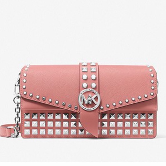 Michael Kors Greenwich Medium Studded Saffiano Leather Shoulder Bag Rose - Picture 2 of 16